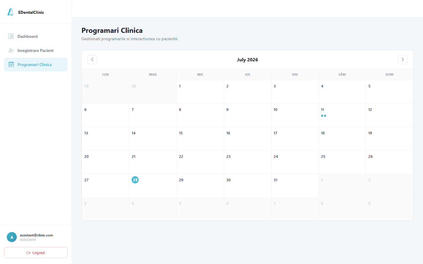 Asistent - Calendar Programări Clinică
